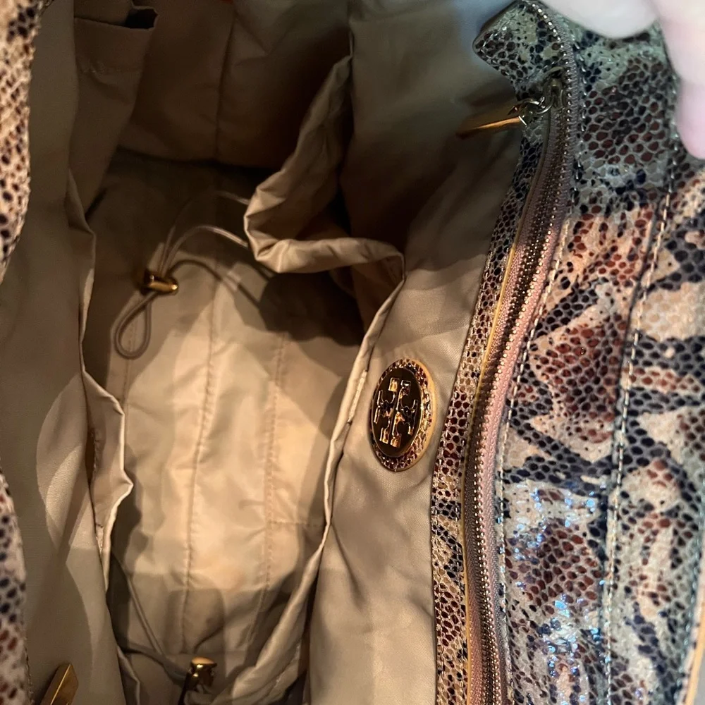 Tory Burch Beige Canvas Baby Bag with Snake-Print Trim